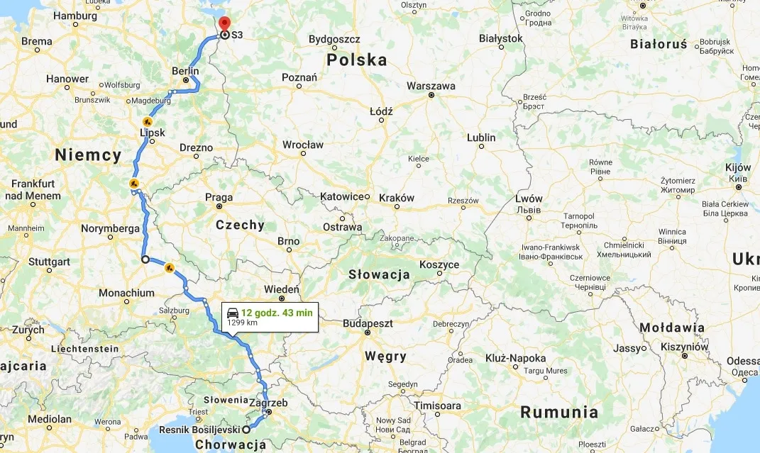 Mapa trasy samochodowej Gdańsk Chorwacja