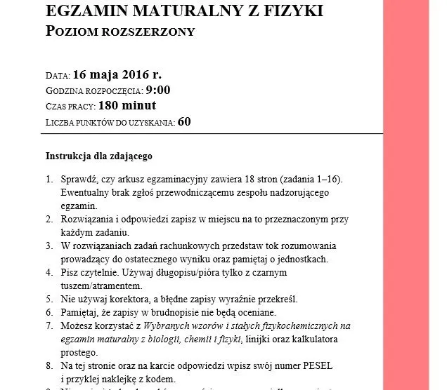 przykładowy arkusz maturalny fizyka CKE