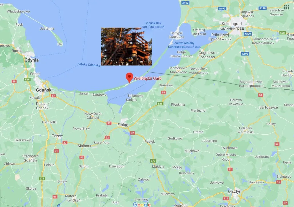 Mapa Polski z zaznaczoną Krynicą Morską i głównymi trasami