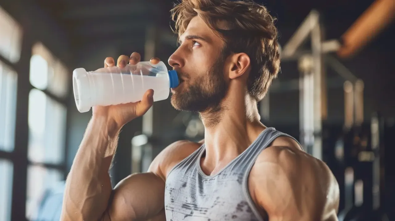 Mężczyzna z brodą pije wodę z butelki w siłowni. Czy kreatyna przed czy po treningu?