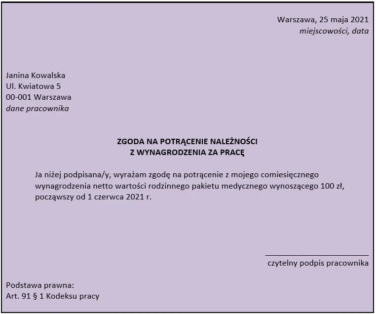 potrącenie z wynagrodzenia zgoda pracownika