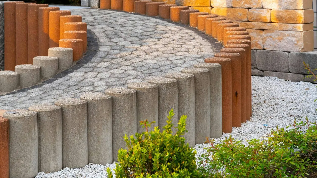 Betonowe słupki i kamienne bloczki to świetny pomysł, z czego zrobić palisadę ogrodową. Wyznaczają ścieżkę z kostki brukowej.