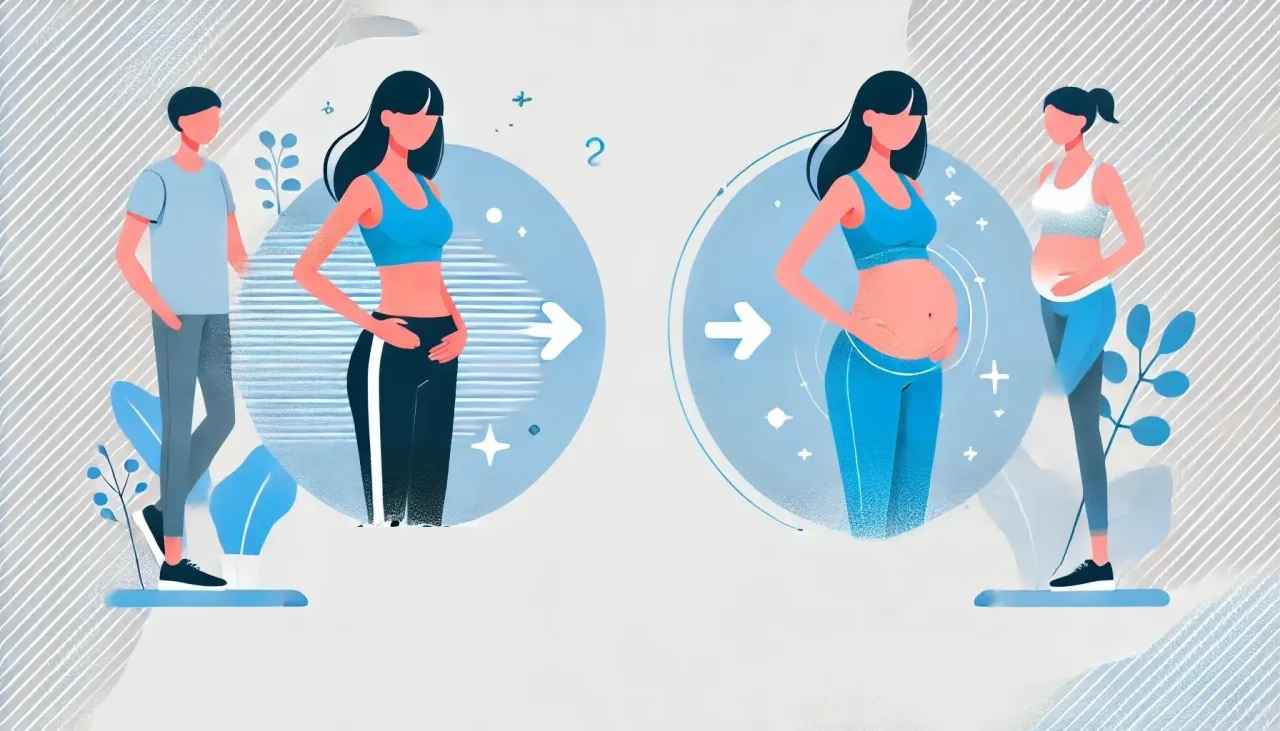 Kobieta przed i po ciąży. Ilustracja pokazuje drogę do tego, jak pozbyć się brzucha po ciąży, z naciskiem na powrót do formy.