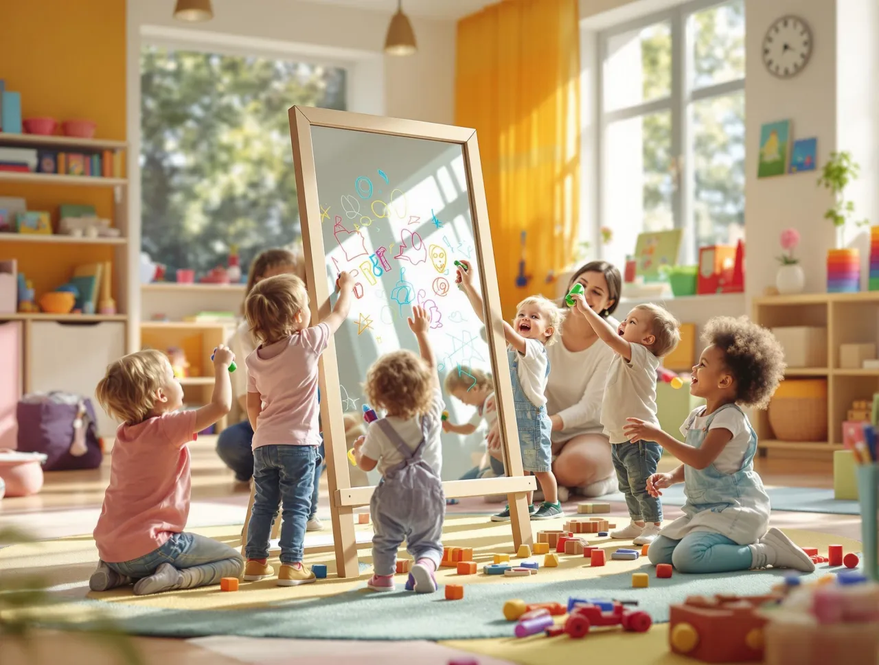 Dzieci malują na tablicy, śmiejąc się. Nauczycielka patrzy z uśmiechem. Czy to dlatego, że dziecko nie powinno patrzeć w lustro, bo może zobaczyć siebie malującego?