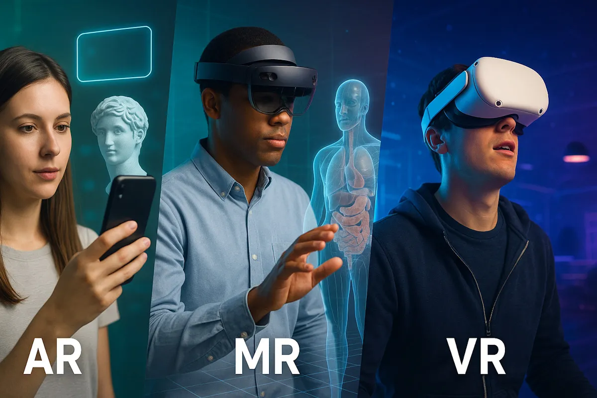 AR, MR i VR: jak działa VR? Kobieta z telefonem, mężczyzna z goglami i hologramem, mężczyzna w goglach VR.