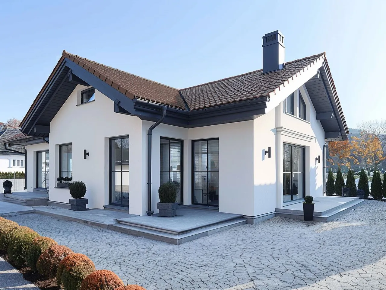 dom z brązowym dachem i białymi oknami - inspiracje elewacji