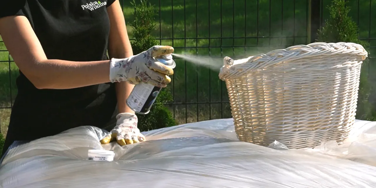 osoba malująca wiklinę farbą w sprayu