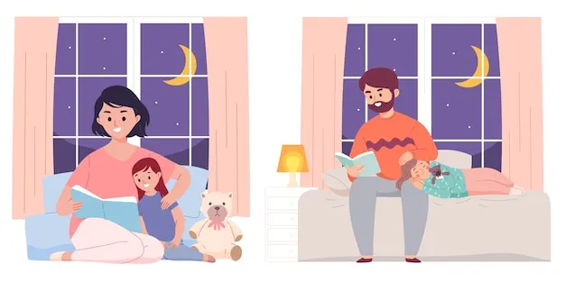 ojciec czytający dziecku książkę w łóżku przed snem