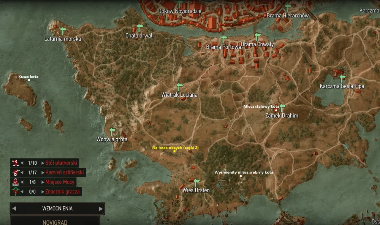 Mapa Krzywuchowych Moczar&oacute;w z oznaczonymi lokalizacjami wyśmienitych schemat&oacute;w rynsztunku Szkoły Kota Wiedźmin 3