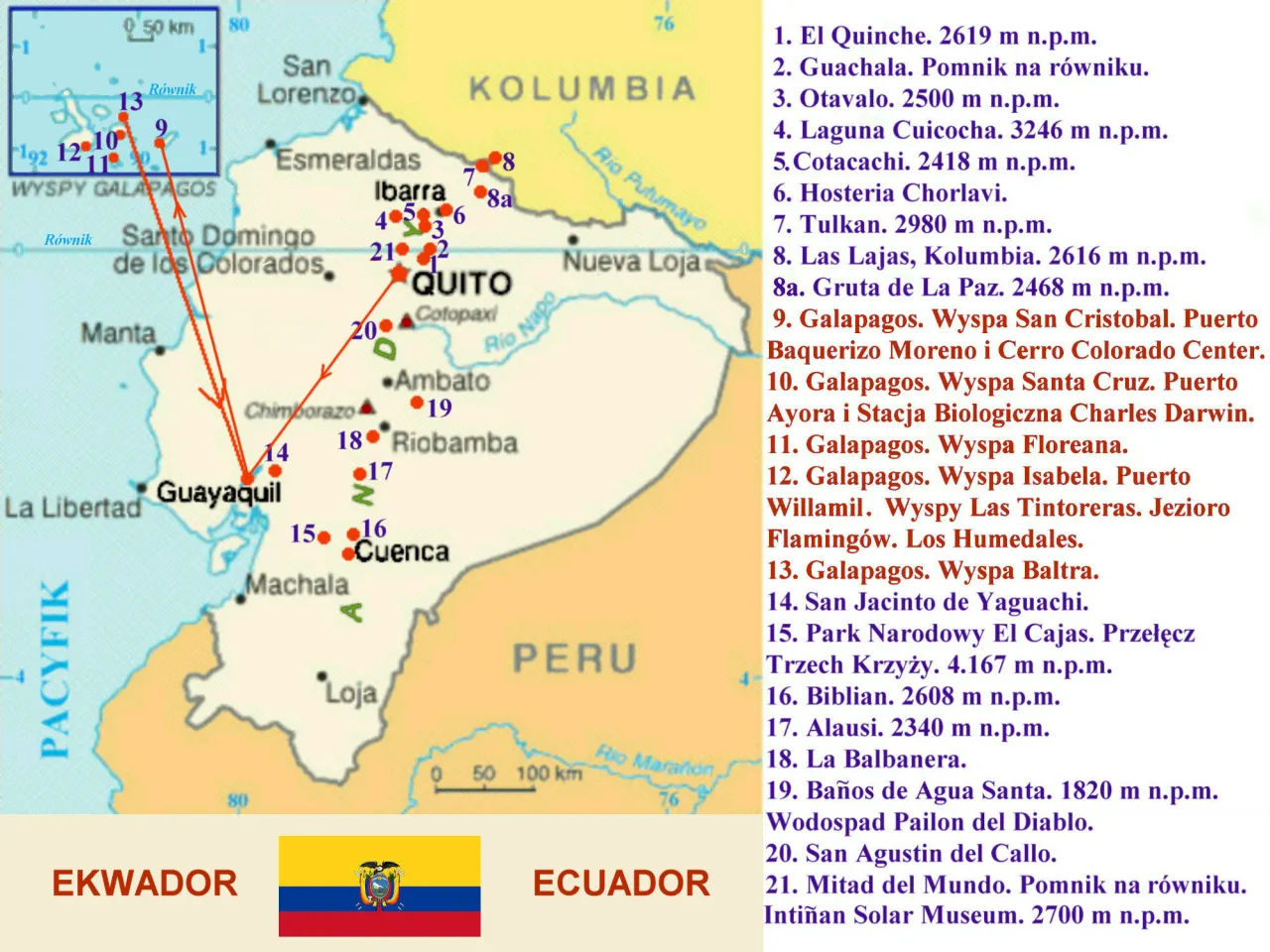 Mapa Ekwadoru z regionami geograficznymi