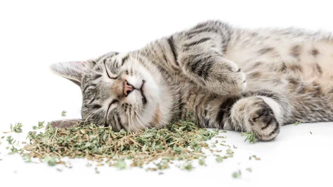 Kot śpi w kocimiętce, co pokazuje, czy koty mogą jeść kocimiętkę.