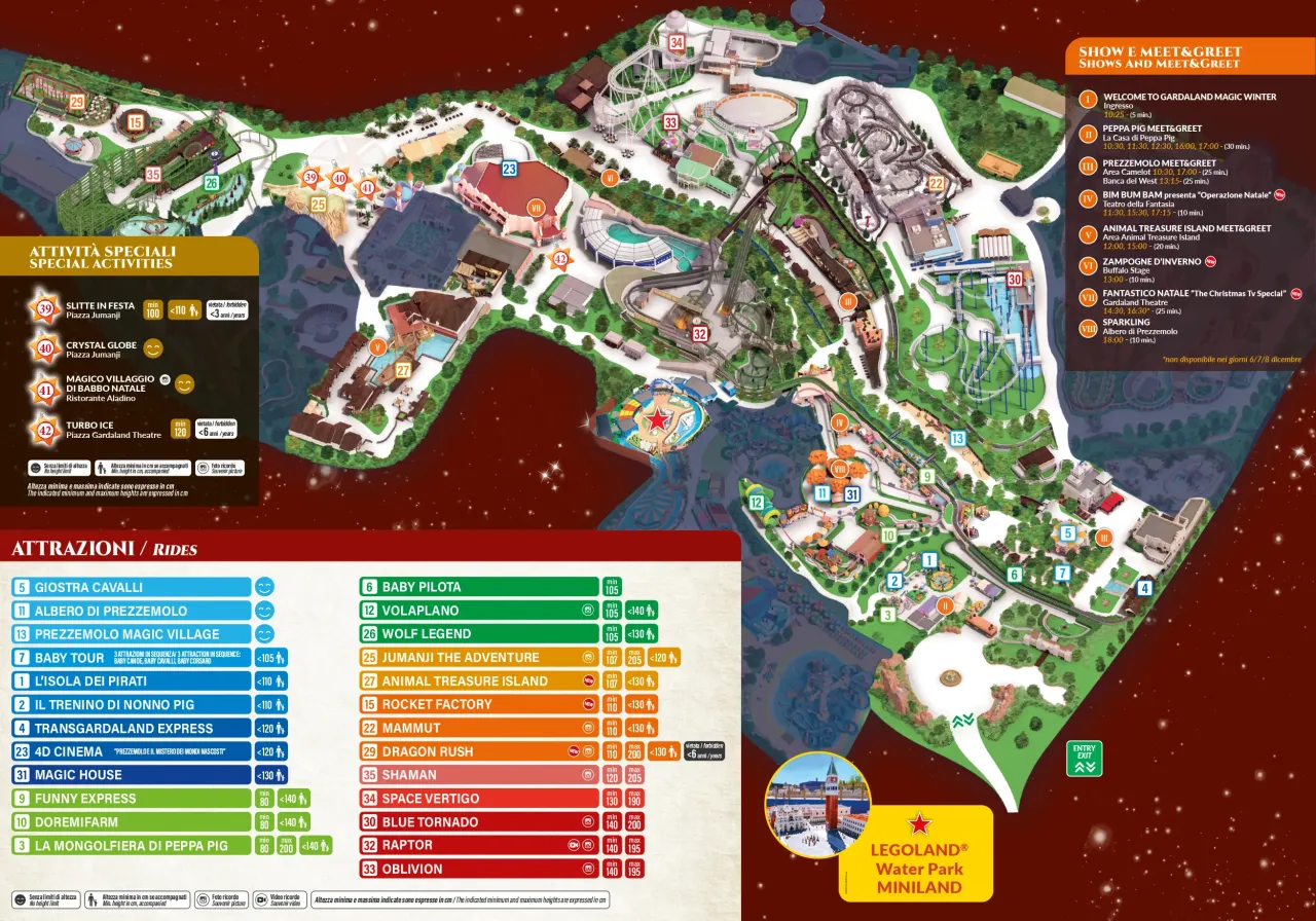 Mappa di Gardaland con aree tematiche e legenda
