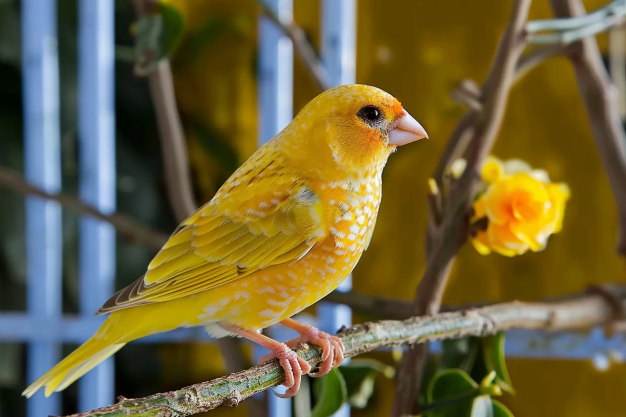 kanarek w dużej klatce z zabawkami
