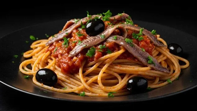 Ingredientes para pasta con anchoas estilo italiano sobre una mesa de madera