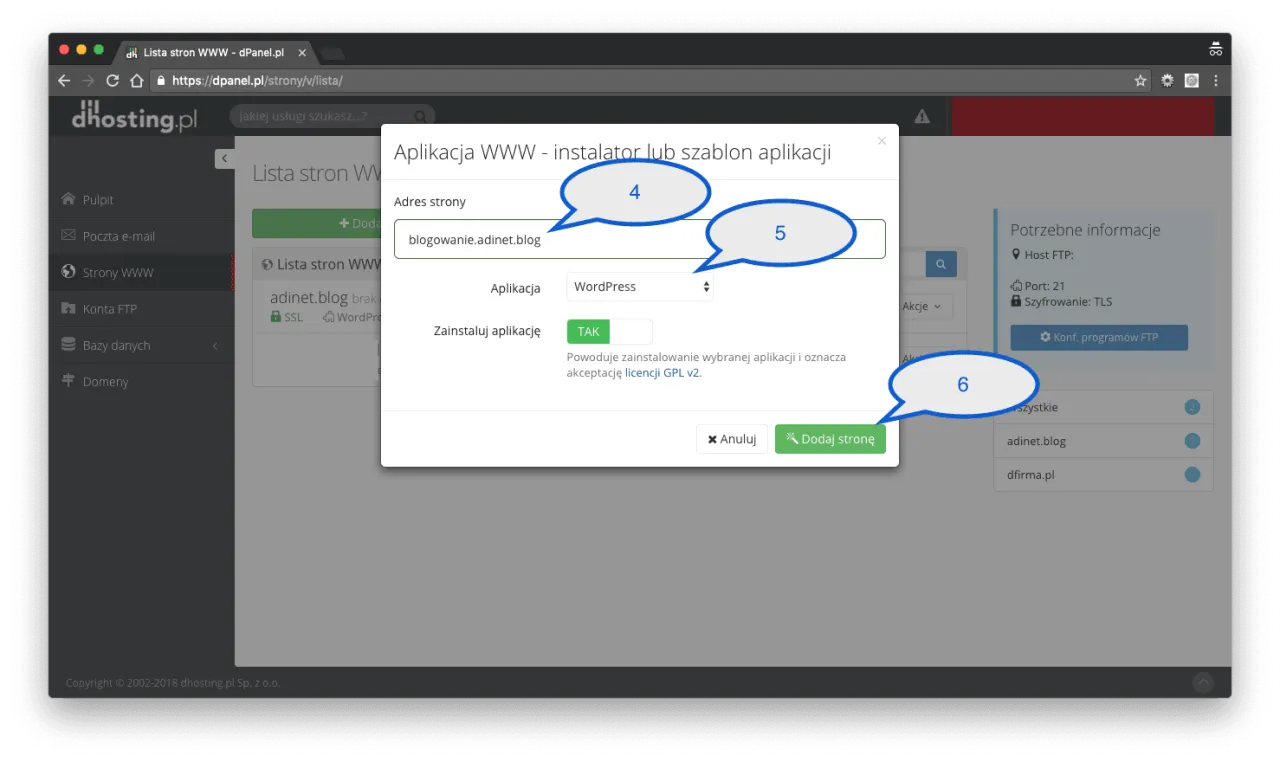 Instalacja WordPressa na blogu: wpisz adres strony, wybierz aplikację i kliknij 