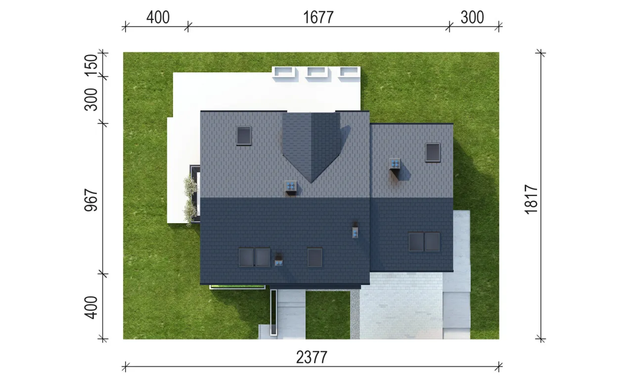 Widok z góry na dom z wymiarami, pokazujący jak ustawić dom na działce. Dach dwuspadowy, okna dachowe, kominy.