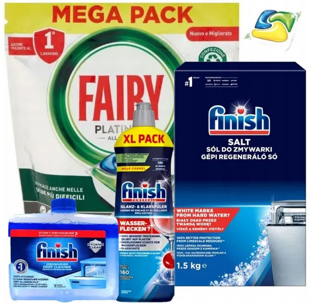 duże opakowania tabletek do zmywarki Finish i Fairy na półce sklepowej lub w koszyku zakupowym