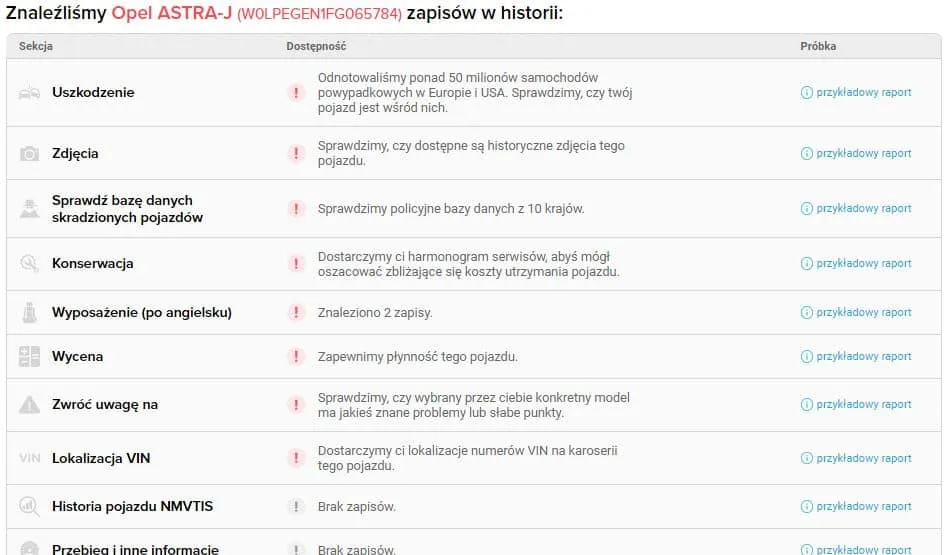przykładowy raport carvertical historia szkód