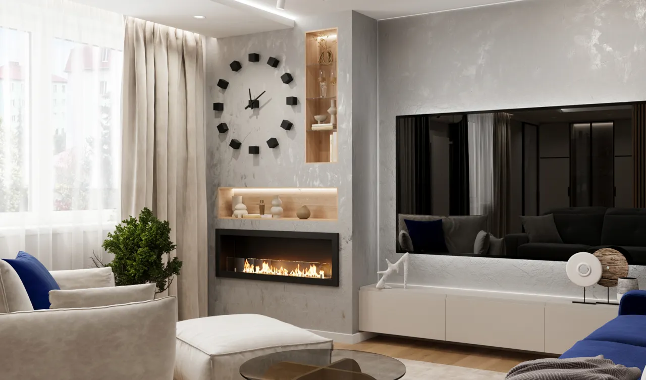 Nowoczesny salon z kominkiem i designerskim zegarem. Gotowe aranżacje wnętrz, które inspirują.