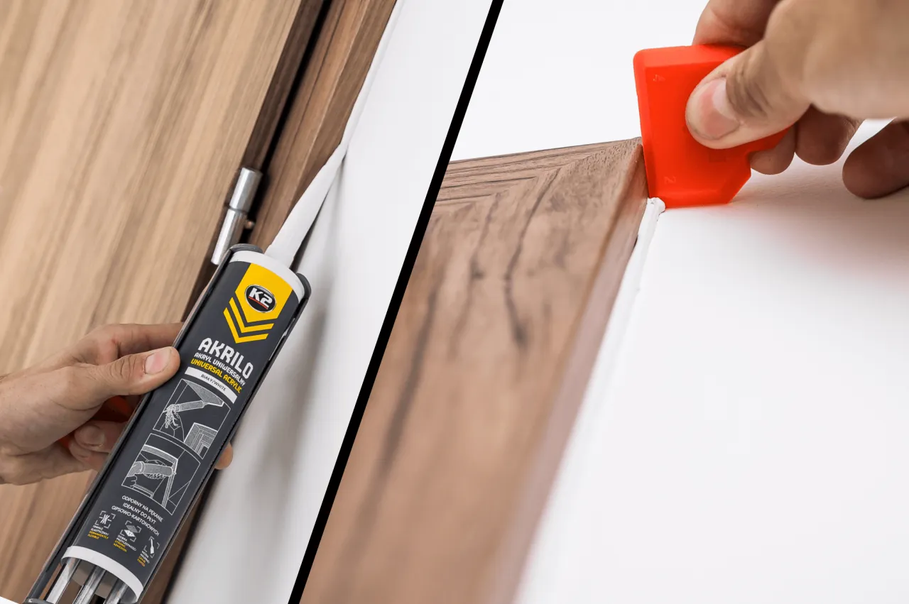 Aplikacja akrylu na zewnątrz przy drzwiach i ościeżnicy. Narzędzie wygładza biały akryl.