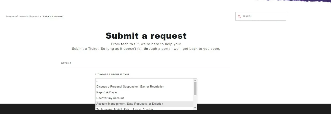 League of Legends Riot Support delete account form