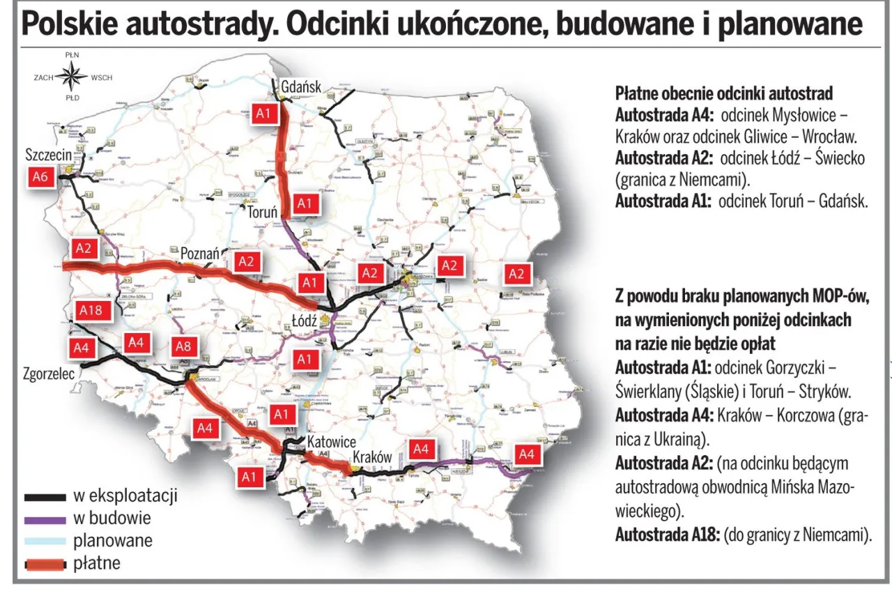 Mapa autostrad A1 A2 A4 w Polsce