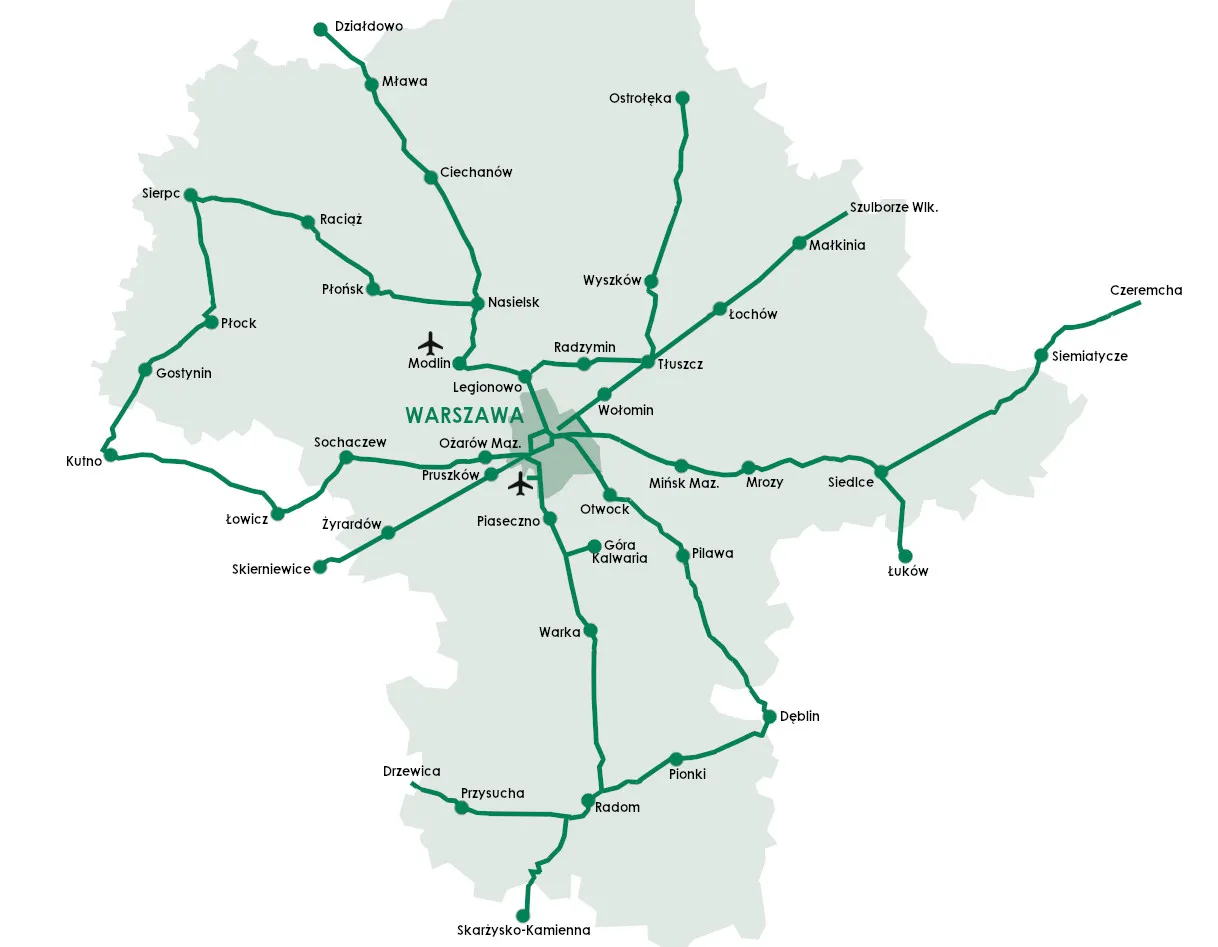 schemat linii kolejowych Kolei Mazowieckich