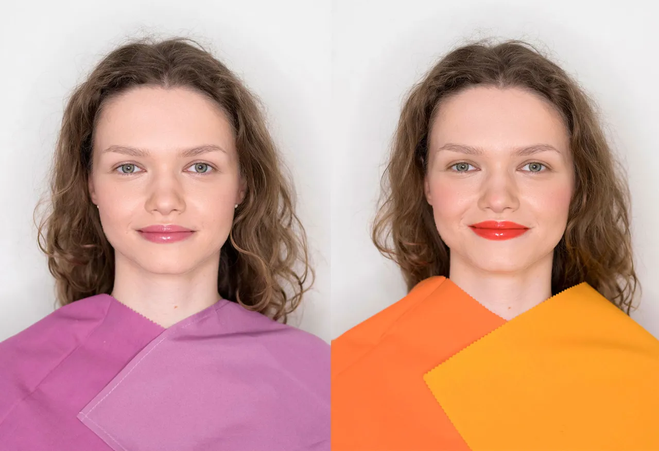 Zgaszone lato włosy i cera kobiety w różowych i pomarańczowych odcieniach.