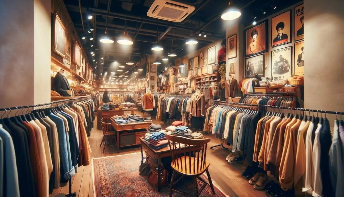 sklep z odzieżą używaną wnętrze aranżacja