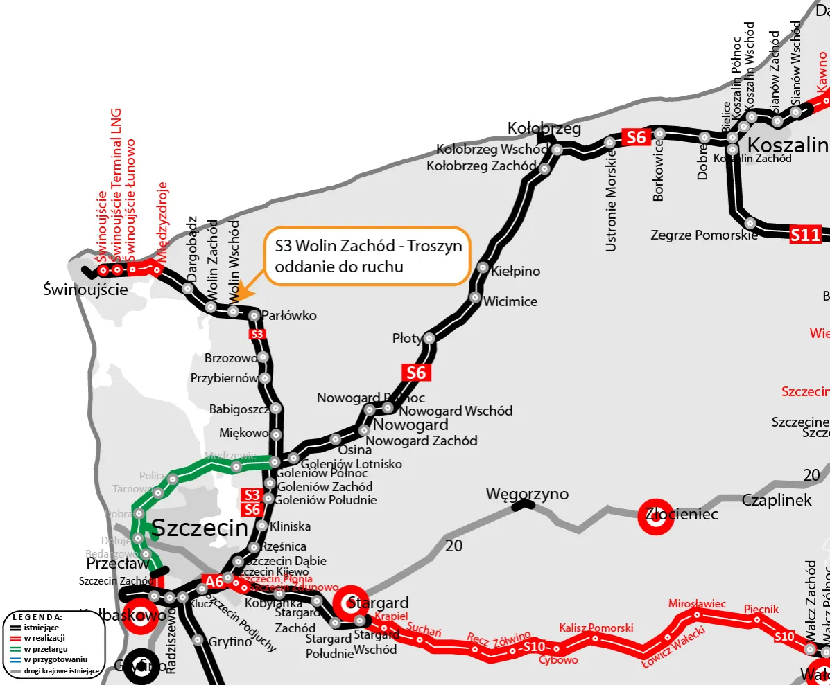Mapa trasy S3 do Kołobrzegu
