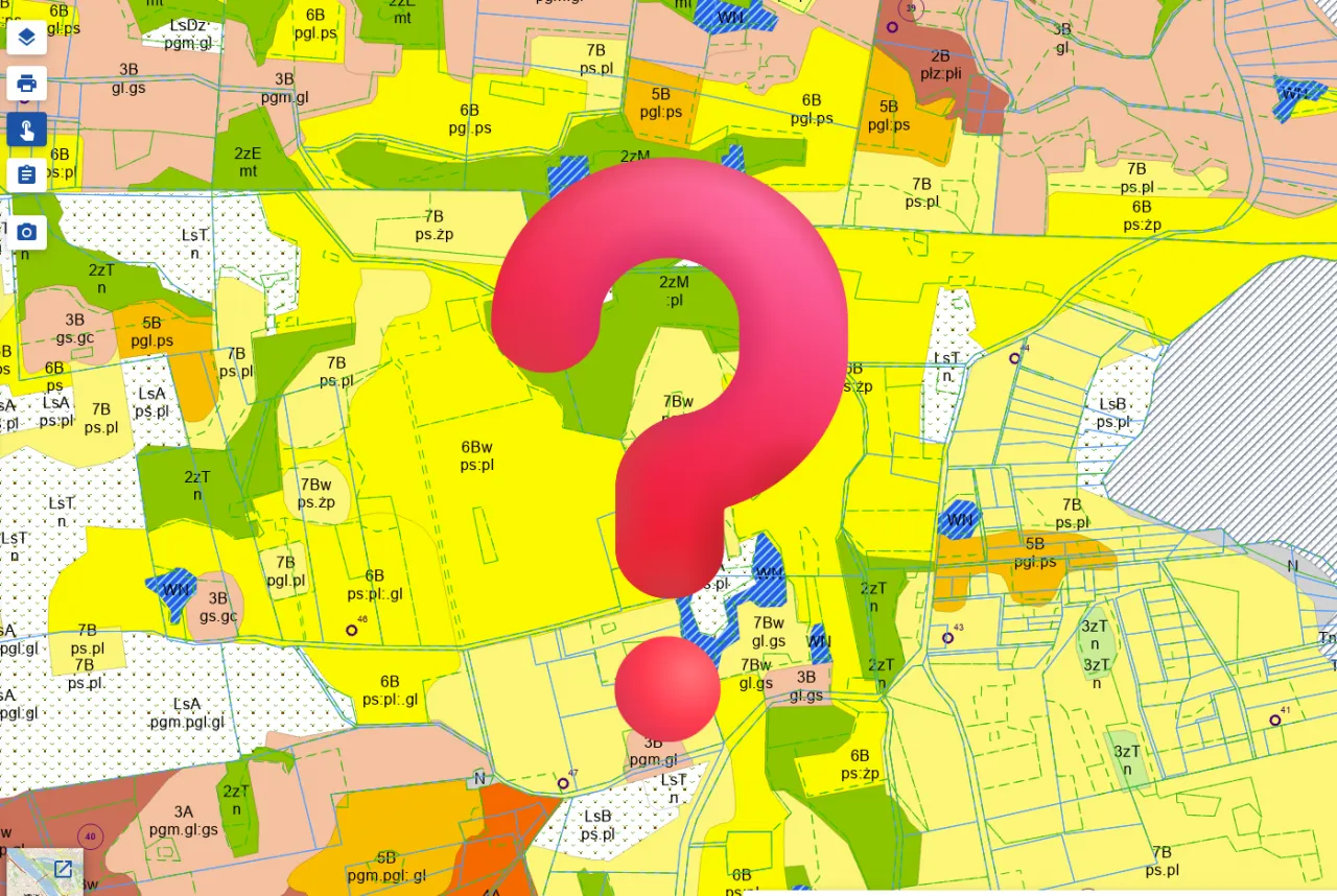 Mapa ewidencyjna z oznaczeniami klas ziemi, gdzie sprawdzić klasę ziemi? Duży znak zapytania nad polami.