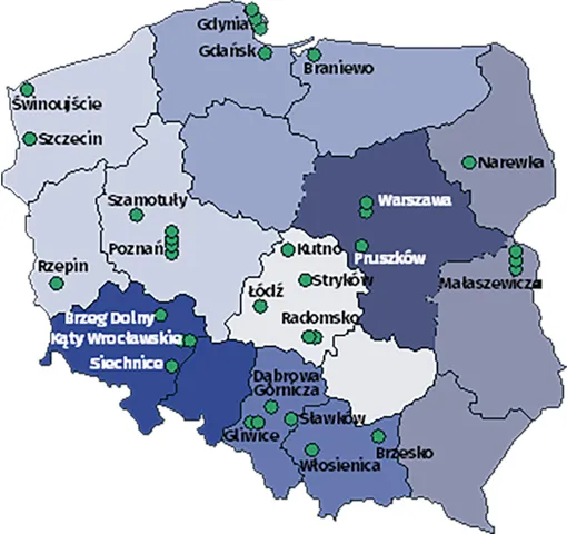 Mapa Polski z zaznaczonymi regionami i trasami transportu ciężarowego