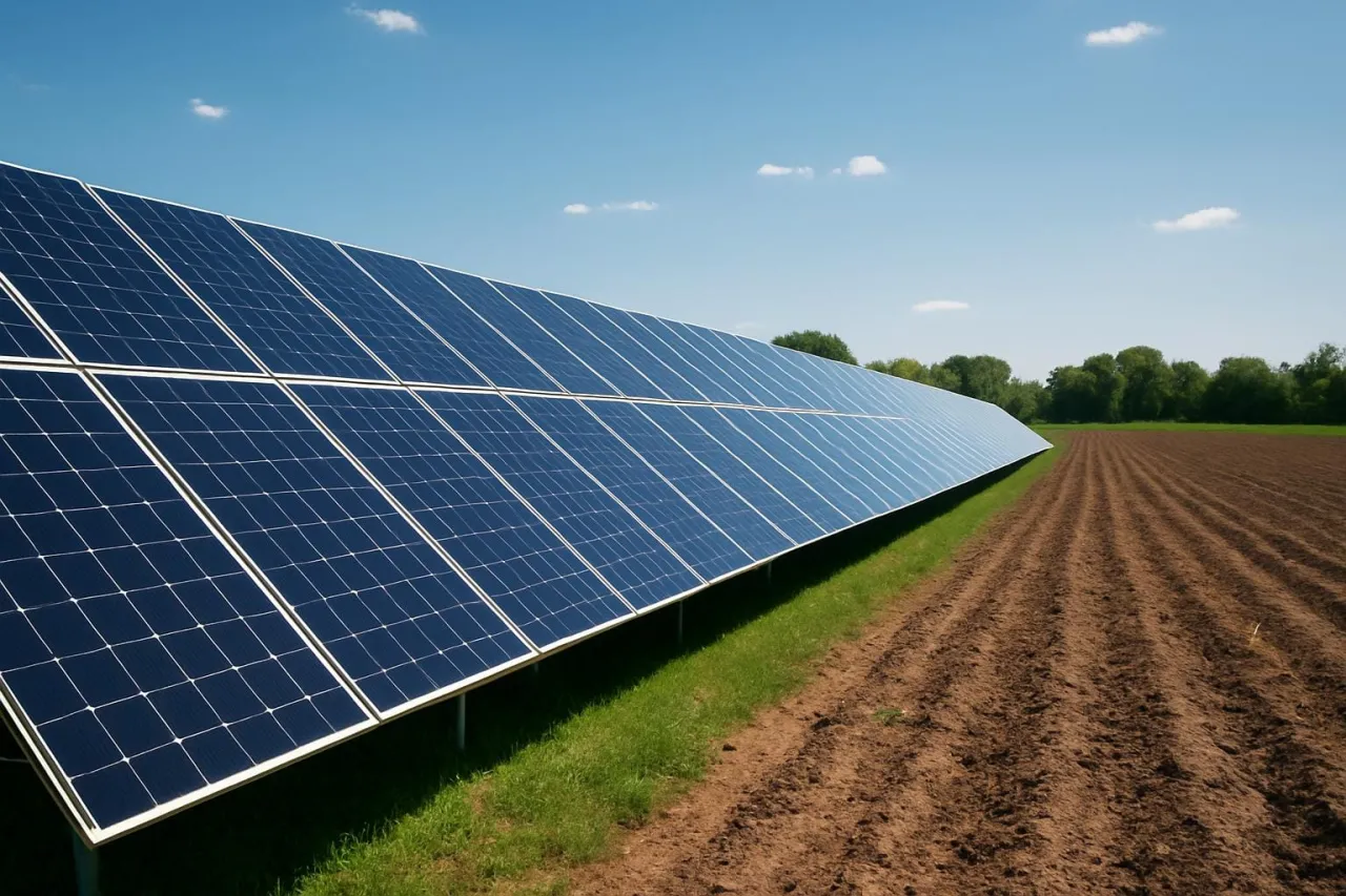 Rząd paneli fotowoltaicznych na polu. Rolnik korzysta z ulgi inwestycyjnej w podatku rolnym dzięki inwestycji w czystą energię.