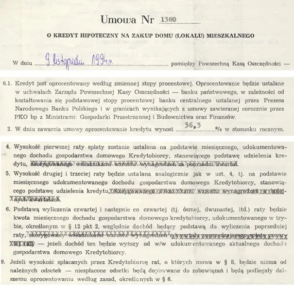 Umowa kredytu hipotecznego, zaznaczone ważne fragmenty