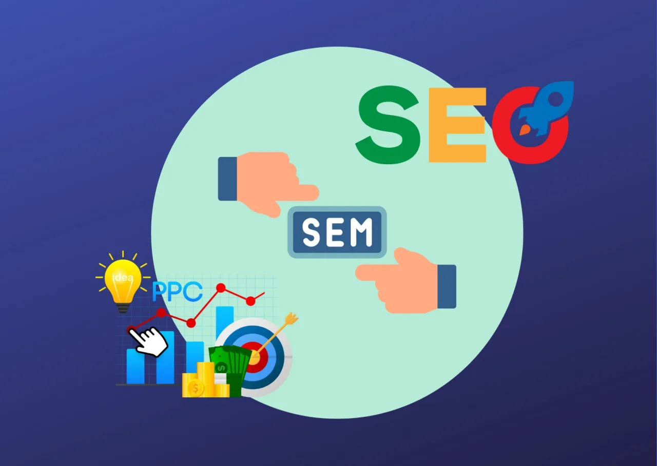 Grafika ilustruje strategię SEM, gdzie SEO jest kluczowym elementem. Widać wykresy, ikonę pomysłu, pieniądze i cel.