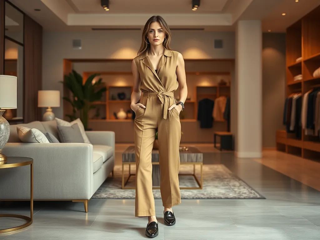 kobieta w eleganckim kombinezonie i płaskich butach