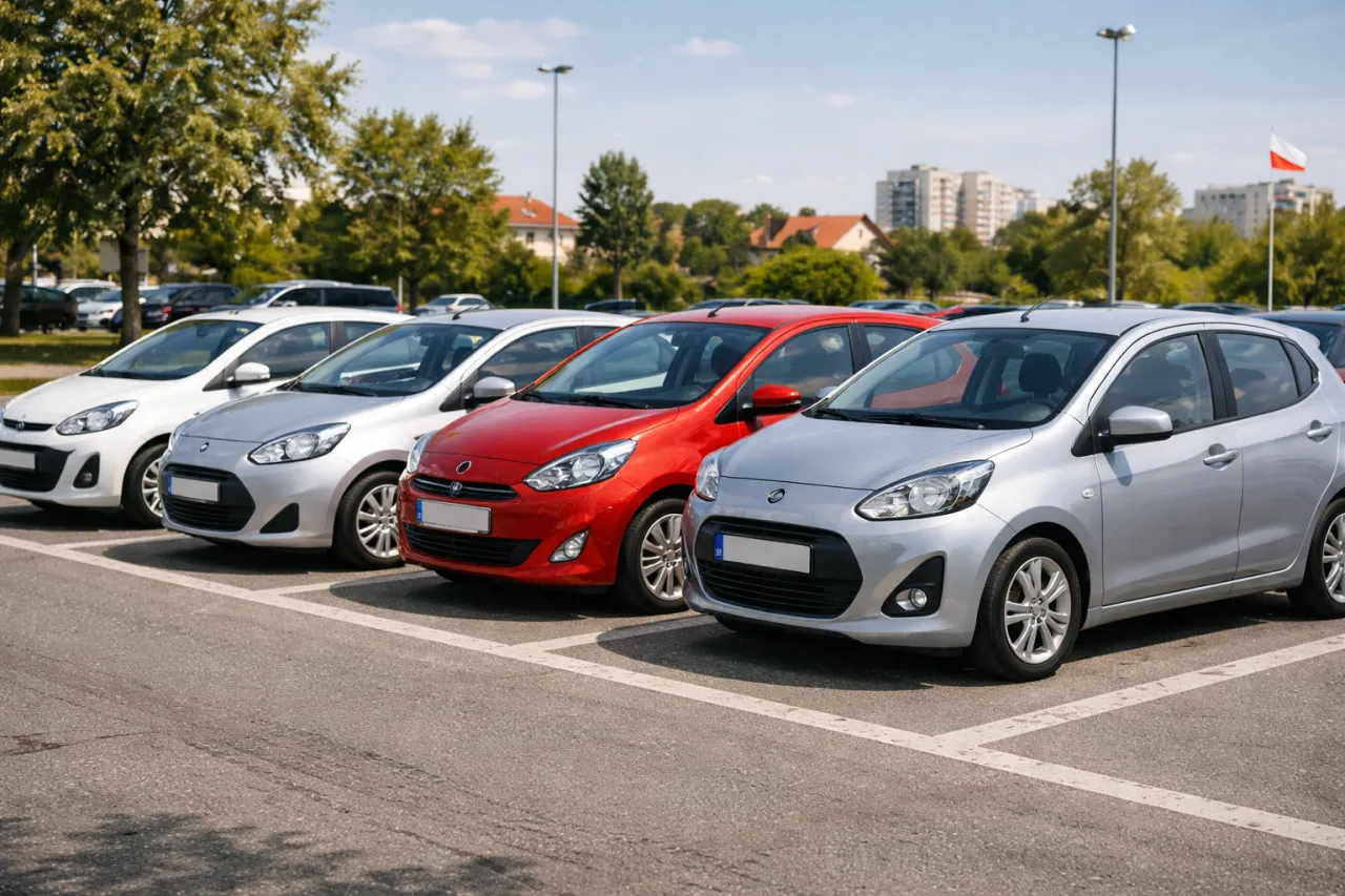 Rząd srebrnych i czerwonych aut na parkingu. Idealne miejsce, by znaleźć najtańsze auto dla siebie.