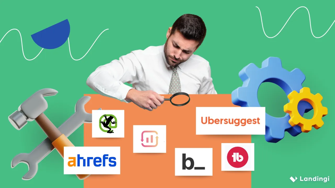 Chwytliwy tytuł: Narzędzia SEO pod lupą. Mężczyzna analizuje logotypy Ahrefs, Ubersuggest i innych.