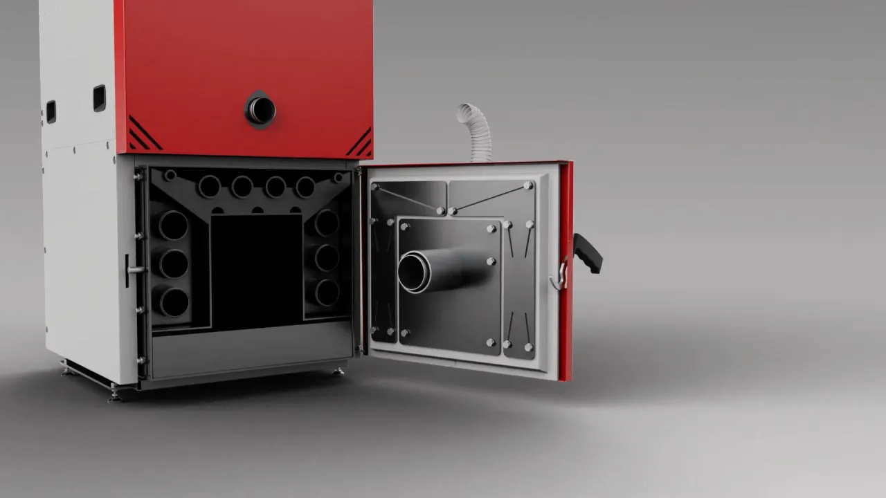 Wnętrze kotła z widocznym zawirowywaczem spalin, kt&oacute;ry zwiększa efektywność spalania.