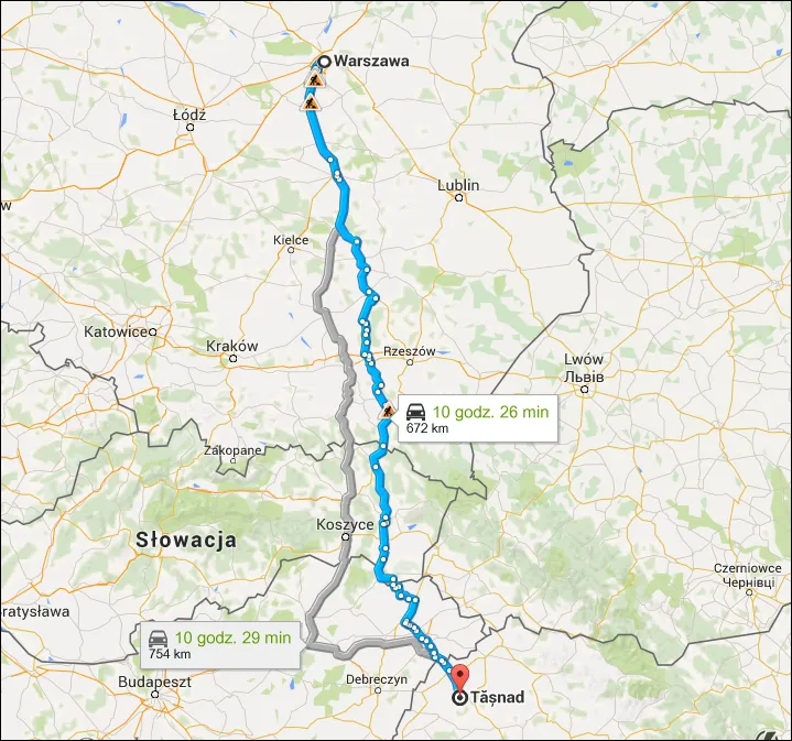 Mapa tras Polska Rumunia samochodem