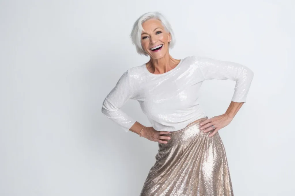 kobieta w cekinowej sp&oacute;dnicy i białym t-shircie stylizacja casual