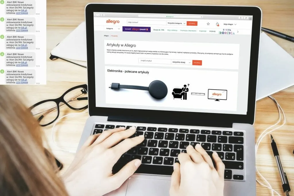 osoba robiąca zakupy online na laptopie z ikonami BIK i Allegro Pay