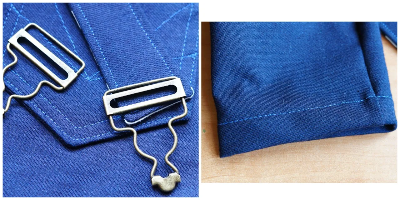 Zbliżenie na metalowe klamry i niebieskie szwy na ogrodniczkach. Widoczny detal zaplatanie klamry w ogrodniczkach.