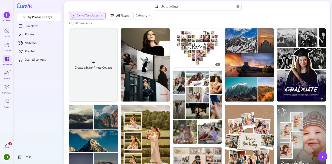 Szukasz inspiracji, jak zrobić kolaż zdjęć na komputerze? Canva oferuje mn&oacute;stwo szablon&oacute;w, od serca z miłością po gratulacje z okazji ukończenia szkoły.