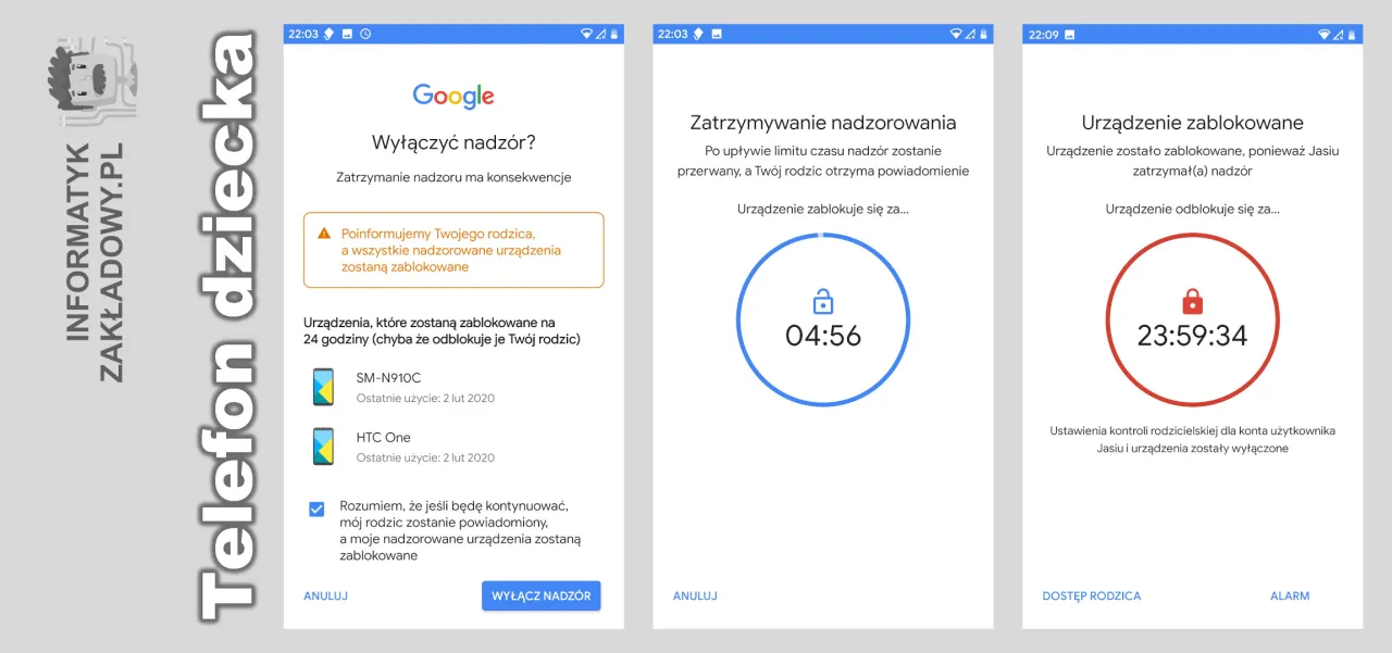 Ekran telefonu z informacją o blokadzie rodzicielskiej. Jak odinstalować Family Link? Tu znajdziesz wskazówki.
