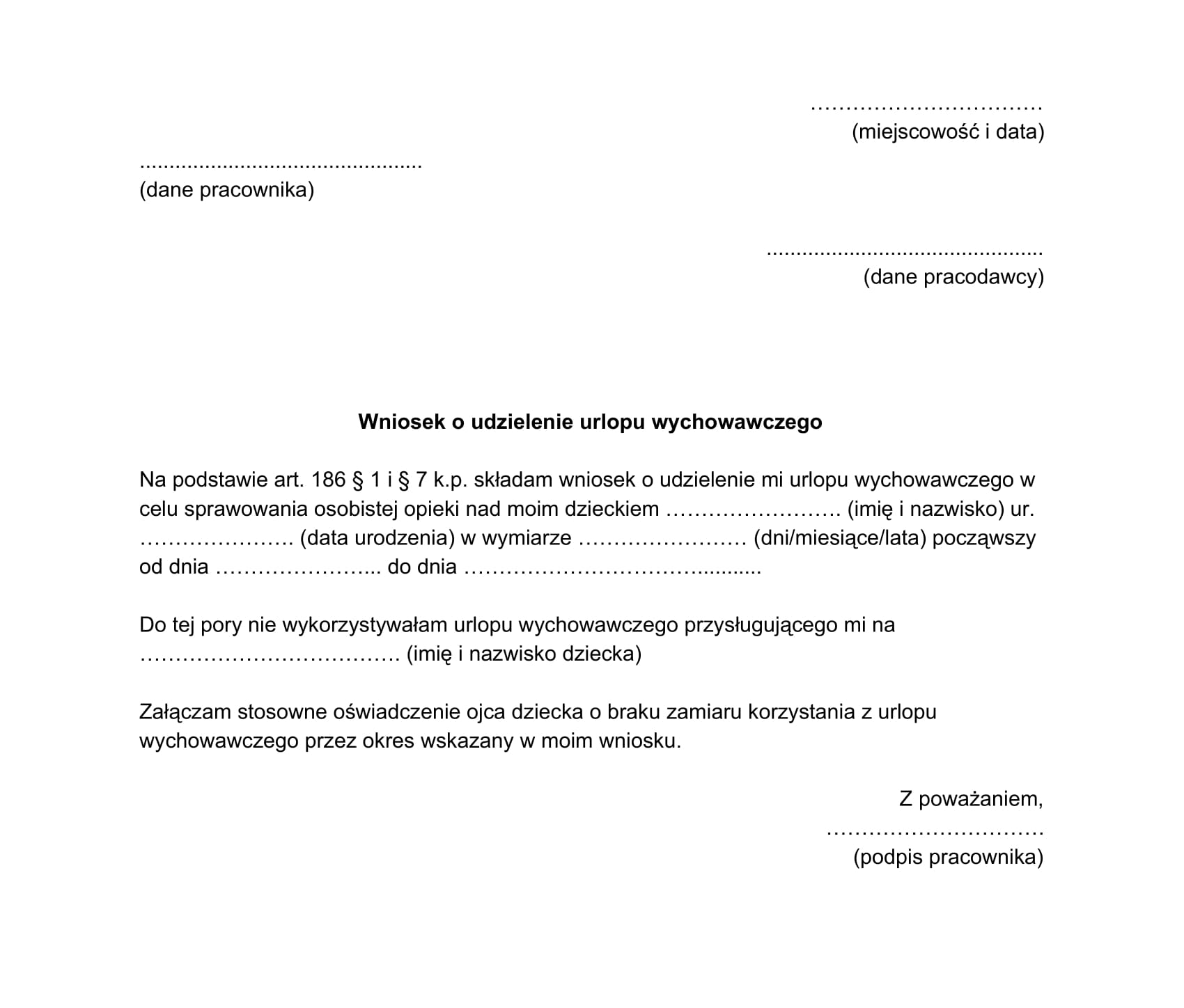 wz&oacute;r oświadczenia drugiego rodzica urlop wychowawczy