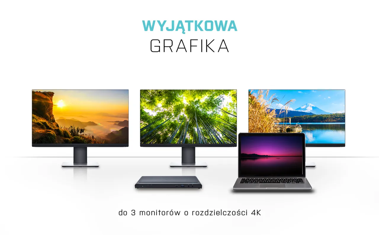 Wyjątkowa grafika: laptop i stacja dokująca umożliwiające podłączenie 3 monitorów 4K.