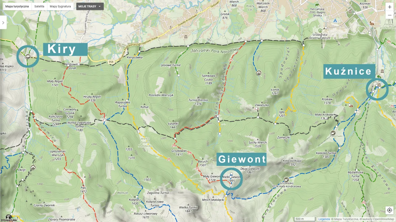 Mapa szlaku na Giewont z Kuźnic przez Halę Kondratową