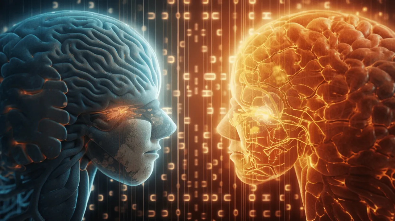Dwa m&oacute;zgi, jeden niebieski, drugi pomarańczowy, patrzą na siebie. Tło to cyfrowy kod, symbolizujący, czym jest ai sztuczna inteligencja.