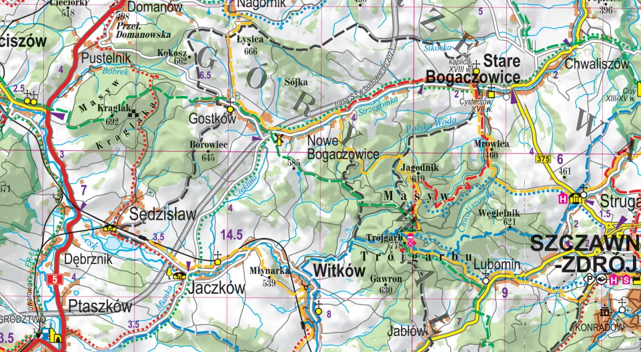 Mapa z niebieskim szlakiem turystycznym w Sudetach